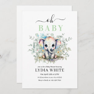 Oh baby Elephant Baby shower Invitation, Boy baby Kaart