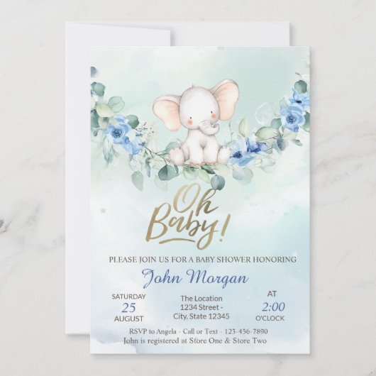Oh Baby Elephant Blue Baby shower Kaart (Voorkant)
