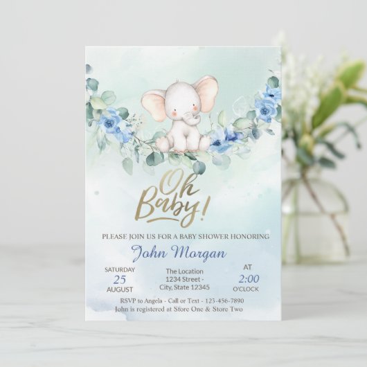 Oh Baby Elephant Blue Baby shower Kaart (Staand voorkant)