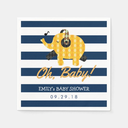 Oh Baby Elephant Navy Blue Stripes Baby shower Servetten (Voorkant)