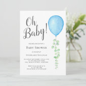 Oh Baby Eucalyptus Blue Balloon Baby shower Kaart (Staand voorkant)