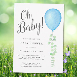 Oh Baby Eucalyptus Blue Balloon Baby shower Kaart