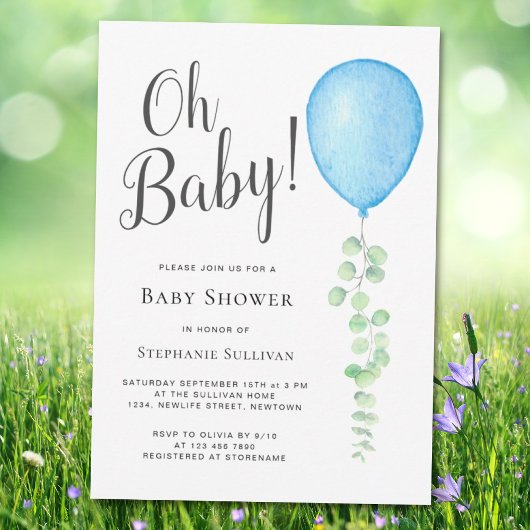 Oh Baby Eucalyptus Blue Balloon Baby shower Kaart