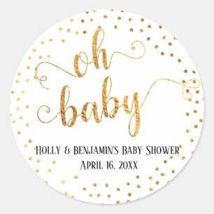 "Oh Baby" Faux Gold Foil Confetti w / Namen & Datu Ronde Sticker