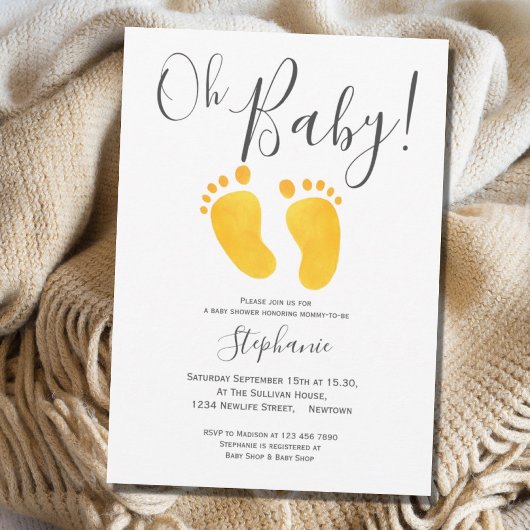 Oh Baby Feet Yellow Baby shower Invitation Kaart