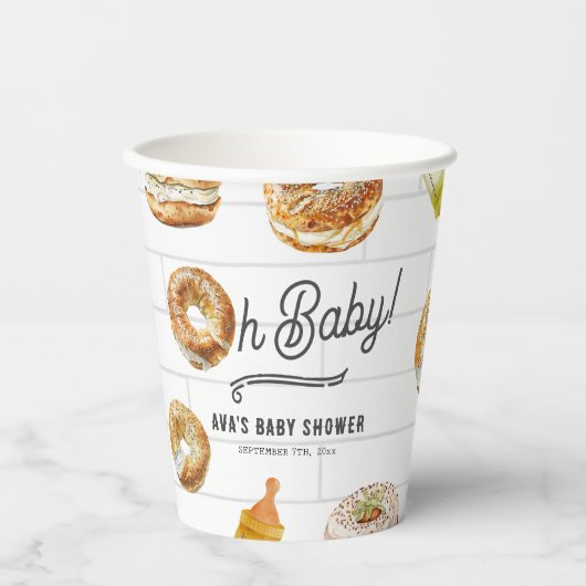 Oh Baby Flessen & Bagels Baby shower Brunch Papieren Bekers (Voorkant)