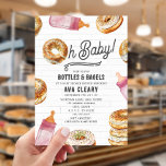 Oh Baby Flessen & Bagels Roze Baby shower Brunch Kaart<br><div class="desc">Flessen & Bagels baby showers brunch thema met Illustratie van een bagel verwerkt in het ontwerp "oh baby" met roze baby flessen en bagel illustraties rondom. Achtergrond ontwerp is metro tegel.</div>