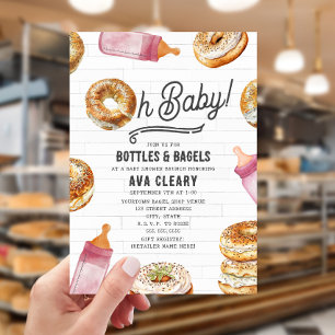 Oh Baby Flessen & Bagels Roze Baby shower Brunch Kaart