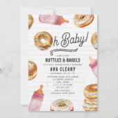 Oh Baby Flessen & Bagels Roze Baby shower Brunch Kaart (Voorkant)