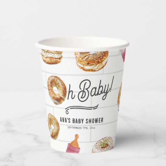 Oh Baby Flessen & Bagels Roze Baby shower Brunch Papieren Bekers (Voorkant)