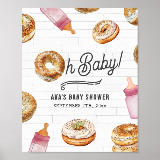 Oh Baby Flessen & Bagels Roze Baby shower Welkom Poster (Voorkant)