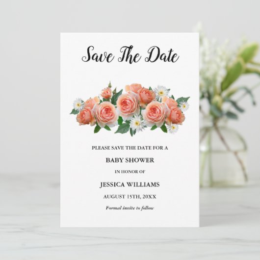"Oh baby" Floral Abriot Rozen Baby shower Save The Date (Staand voorkant)