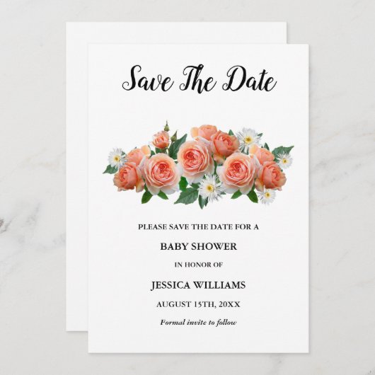 "Oh baby" Floral Abriot Rozen Baby shower Save The Date (Voorkant / Achterkant)