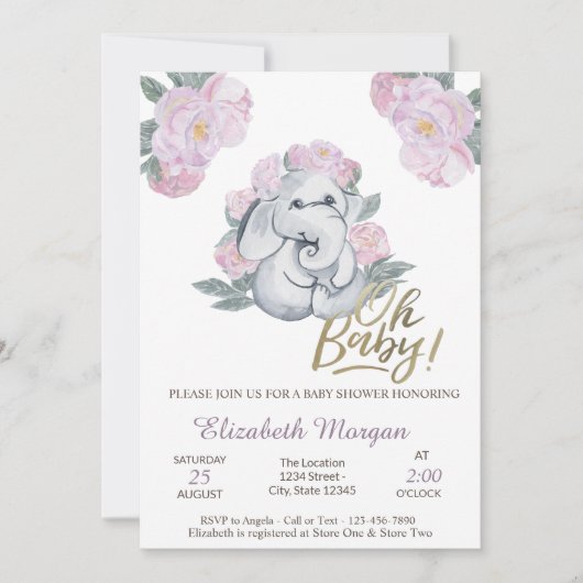 Oh Baby Floral Elephant Baby shower Kaart (Voorkant)