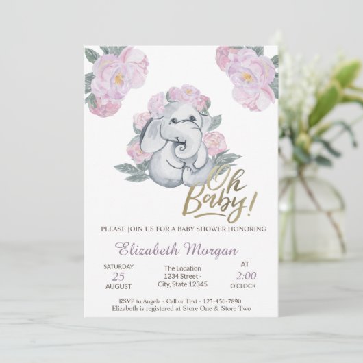 Oh Baby Floral Elephant Baby shower Kaart (Staand voorkant)