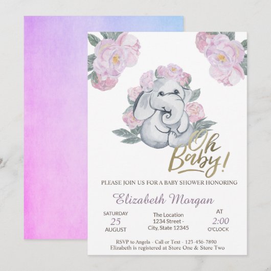 Oh Baby Floral Elephant Baby shower Kaart (Voorkant / Achterkant)