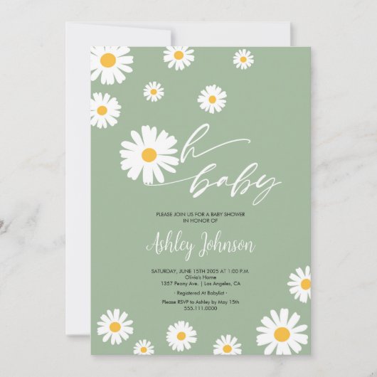 Oh Baby Floral Retro Sage Green Daisy Baby shower Kaart (Voorkant)