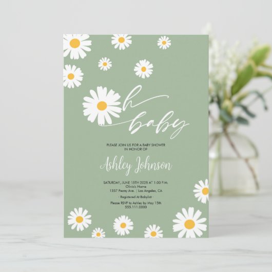 Oh Baby Floral Retro Sage Green Daisy Baby shower Kaart (Staand voorkant)