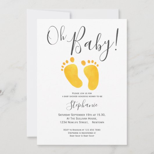 Oh Baby Foto Yellow Feet Baby shower Invitation Kaart (Voorkant)