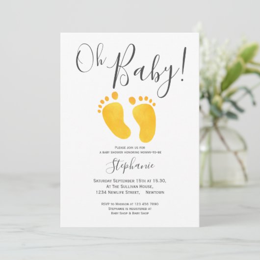Oh Baby Foto Yellow Feet Baby shower Invitation Kaart (Staand voorkant)