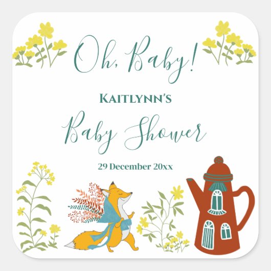Oh, baby Fox bloemen Baby shower cadeau Vierkante Sticker (Voorkant)