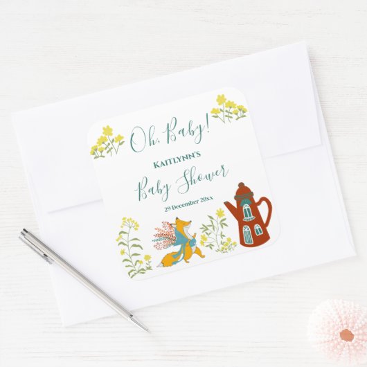 Oh, baby Fox bloemen Baby shower cadeau Vierkante Sticker (Envelop)
