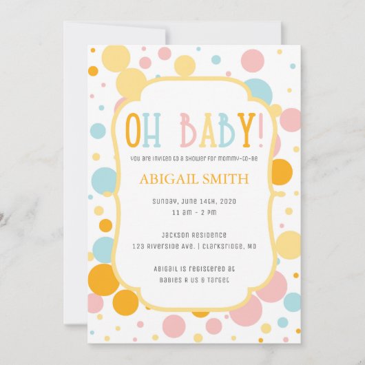 Oh Baby Fun Polka Dots Baby shower Uitnodigen Kaart (Voorkant)
