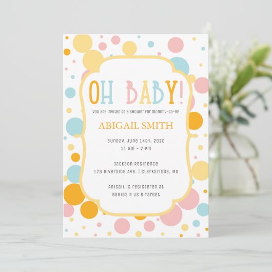 Oh Baby Fun Polka Dots Baby shower Uitnodigen Kaart (Staand voorkant)