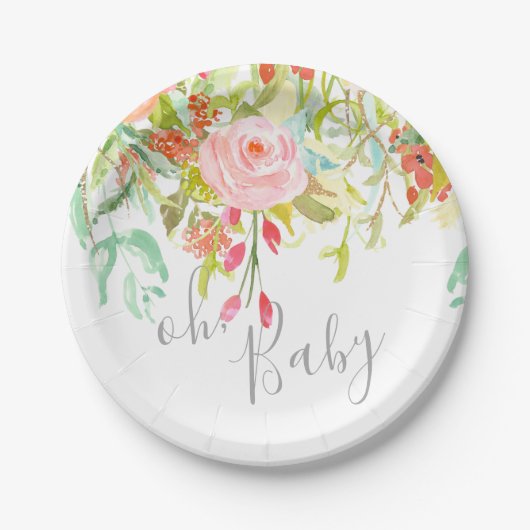Oh Baby Garden Floral Pink Grey Douche Party Event Papieren Bordje (Voorkant)