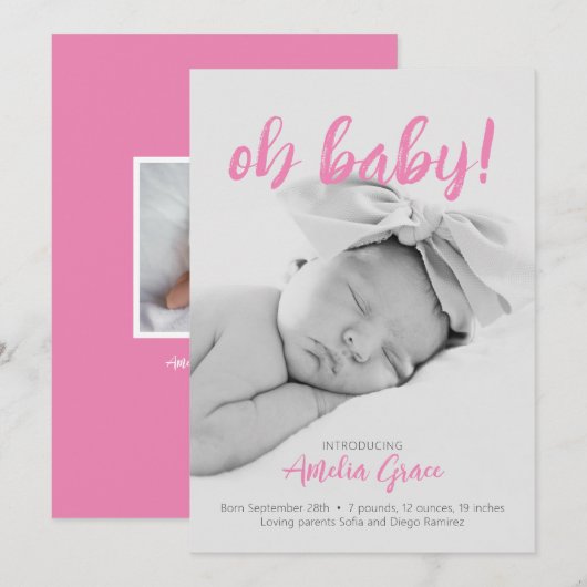 Oh Baby! Geboorteaankondiging in roze Save The Date (Voorkant / Achterkant)