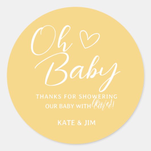 Oh Baby Geel Baby shower Dank u Ronde Sticker (Voorkant)