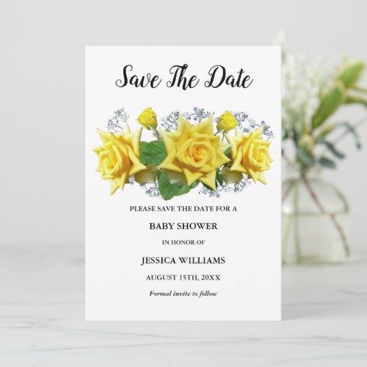 "Oh baby" Gele rozen Bloemen Baby shower Save The Date (Staand voorkant)