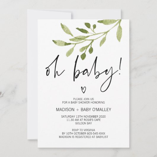 Oh Baby Gender Neutral Shower Invitation Greenery Kaart (Voorkant)