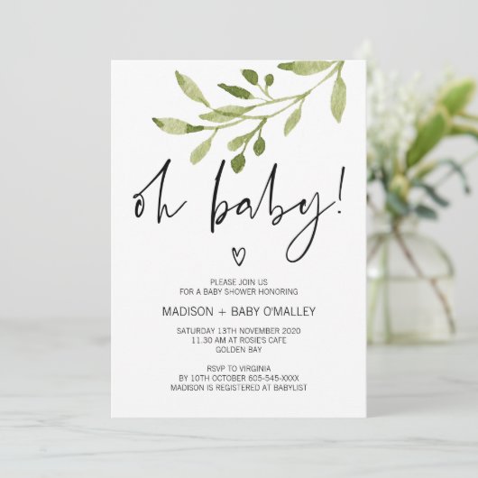 Oh Baby Gender Neutral Shower Invitation Greenery Kaart (Staand voorkant)