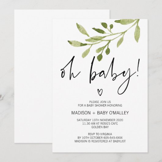 Oh Baby Gender Neutral Shower Invitation Greenery Kaart (Voorkant / Achterkant)