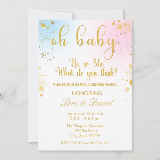 Oh Baby Gender Reveal Pink or Blue Invitation Kaart (Voorkant)