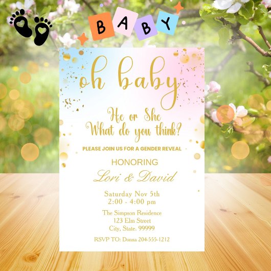 Oh Baby Gender Reveal Pink or Blue Invitation Kaart