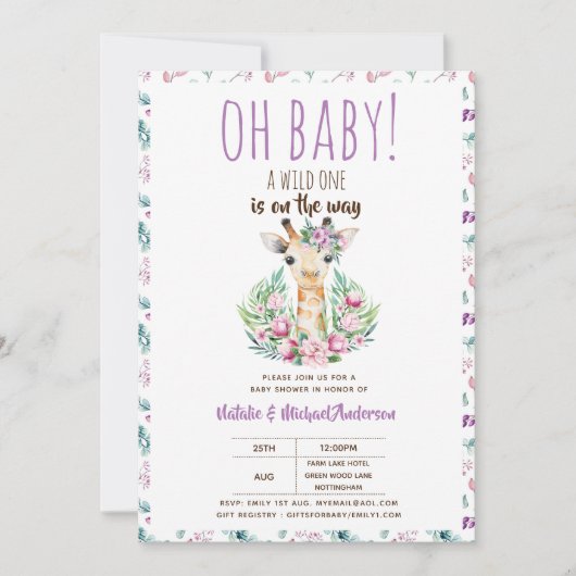 Oh Baby Giraffe A Wild One Safari Animal Floral Kaart (Voorkant)