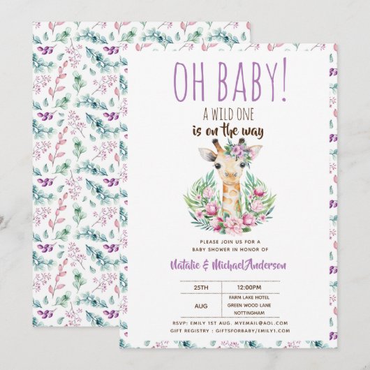 Oh Baby Giraffe A Wild One Safari Animal Floral Kaart (Voorkant / Achterkant)