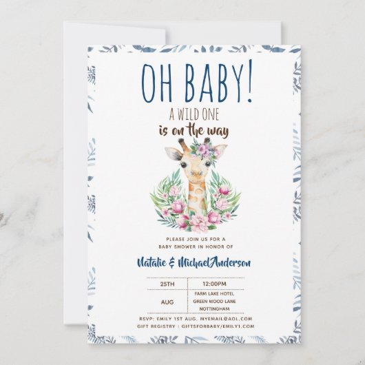 Oh Baby Giraffe A Wild One Safari Animal Floral Kaart (Voorkant)