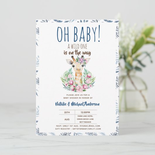 Oh Baby Giraffe A Wild One Safari Animal Floral Kaart (Staand voorkant)
