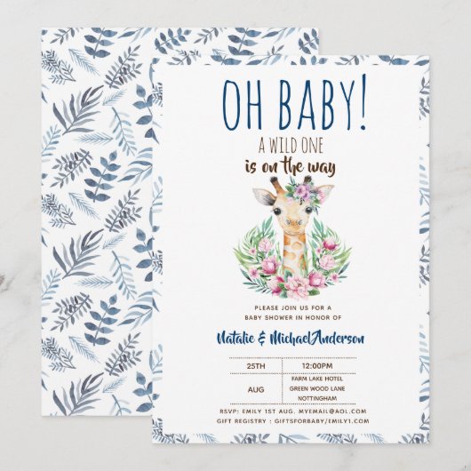 Oh Baby Giraffe A Wild One Safari Animal Floral Kaart (Voorkant / Achterkant)