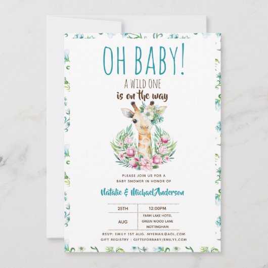 Oh Baby Giraffe A Wild One Safari Animal Floral Kaart (Voorkant)