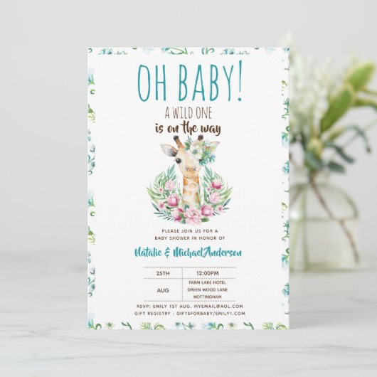 Oh Baby Giraffe A Wild One Safari Animal Floral Kaart (Staand voorkant)