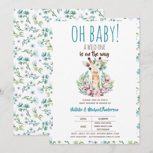 Oh Baby Giraffe A Wild One Safari Animal Floral Kaart (Voorkant / Achterkant)