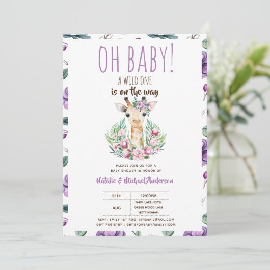 Oh Baby Giraffe Een Wilde Safari Dier Bloemig Kaart (Staand voorkant)