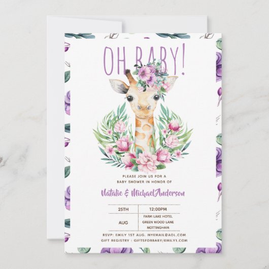 Oh Baby GIRAFFE met Paarse Bloemen Moderne Douche Kaart (Voorkant)