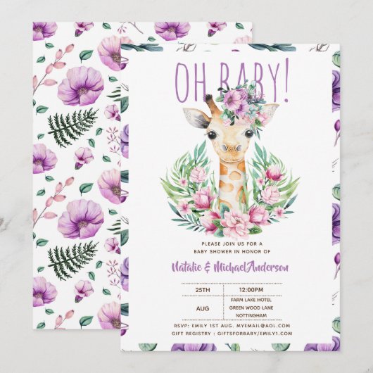 Oh Baby GIRAFFE met Paarse Bloemen Moderne Douche Kaart (Voorkant / Achterkant)
