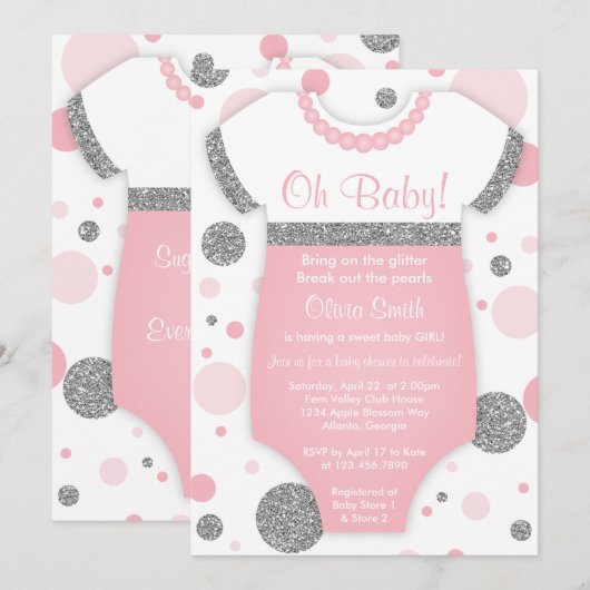 Oh Baby Girl, Baby shower Uitnodiging, Faux Glitte Kaart (Voorkant / Achterkant)