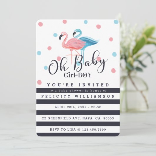 Oh Baby Girl - Boy Flamingo Baby shower Invitation Kaart (Staand voorkant)